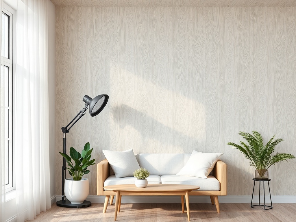Современная гостиная с диваном, растениями и настольной лампой на фоне светлой стены.