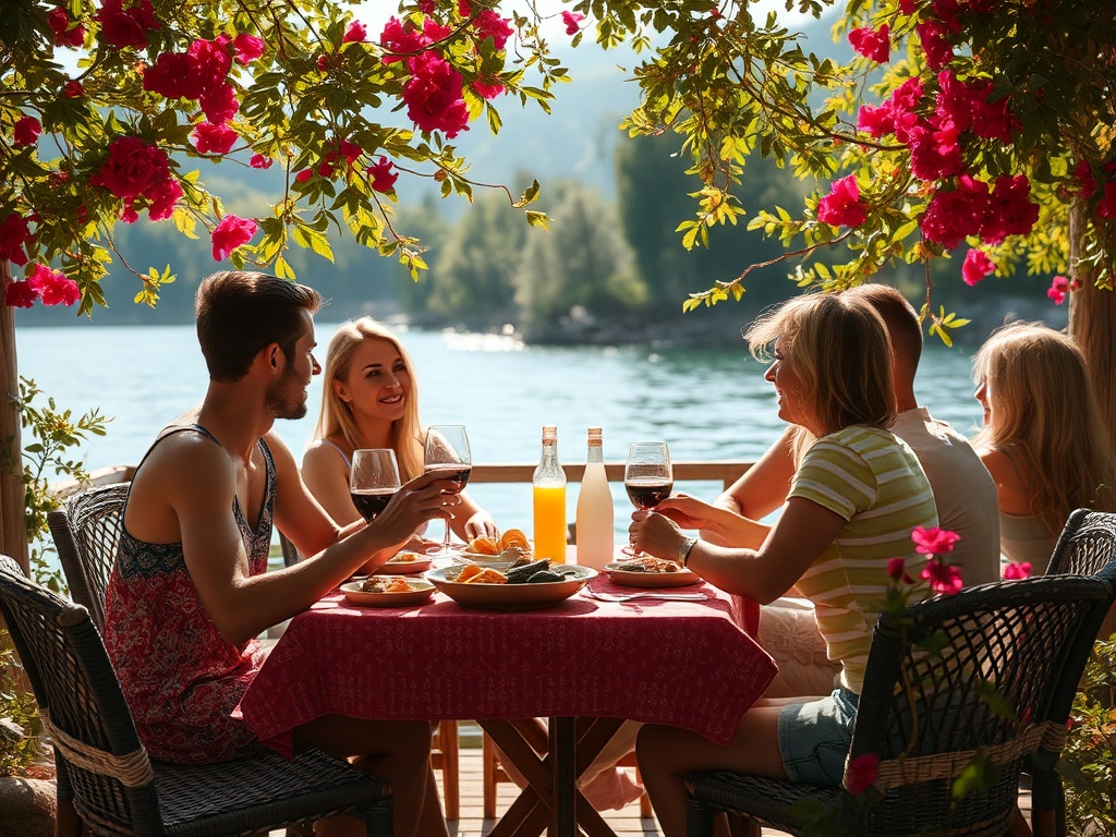 Компания друзей наслаждается ужином на берегу воды, окруженные цветами и природой.