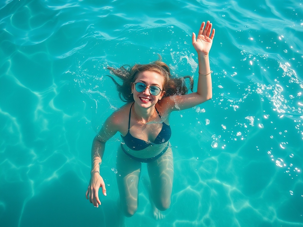 Девушка в синем купальнике приветствует с воды в ярко-голубом бассейне. Солнце ярко светит.