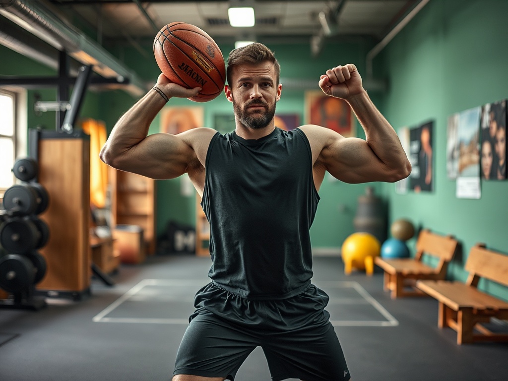 Молодой атлетичны́й мужчина с мячом для баскетбола, готовый к броску в спортзале.