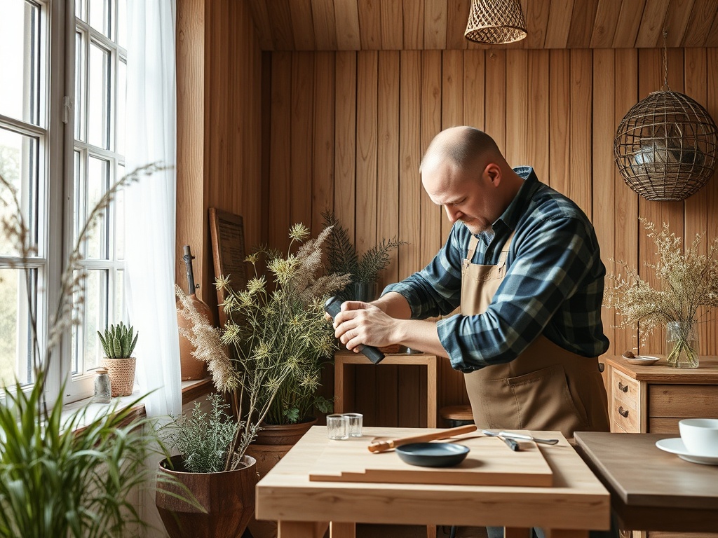 Мужчина в фартуке работает с предметами на деревянном столе в уютном интерьерном пространстве.