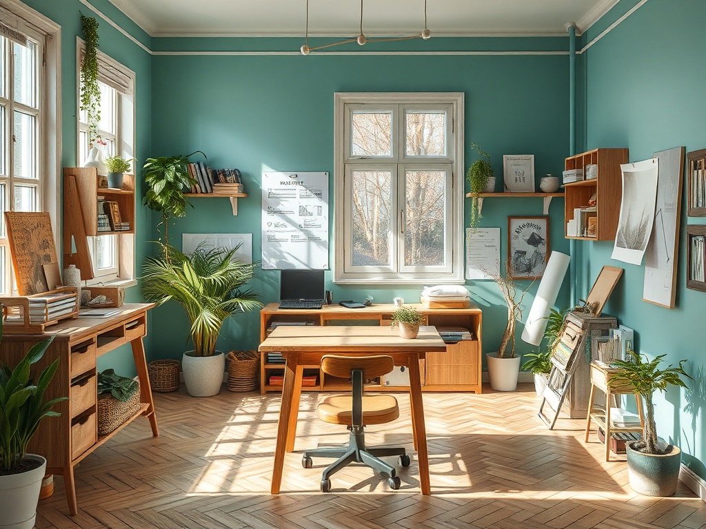 Светлый офис с зелеными стенами, деревянной мебелью и растениями, уютная атмосфера для работы.