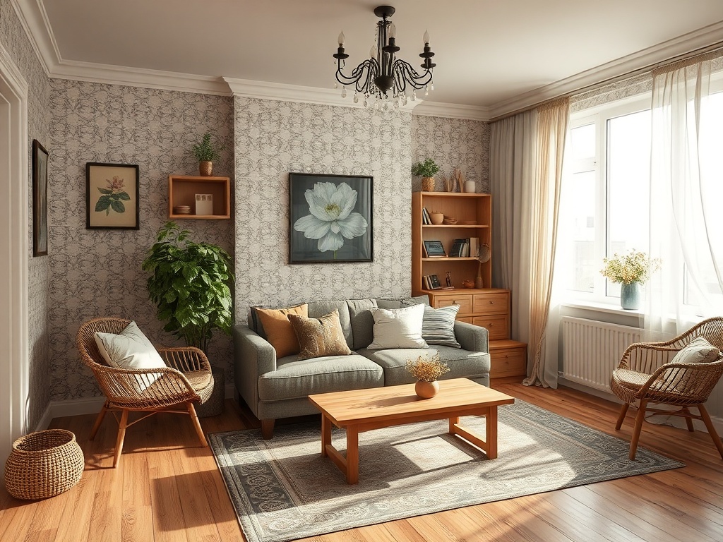 Светлая гостиная с мягким диваном, креслами, книжным шкафом и растением у окна. Теплая атмосфера уюта.