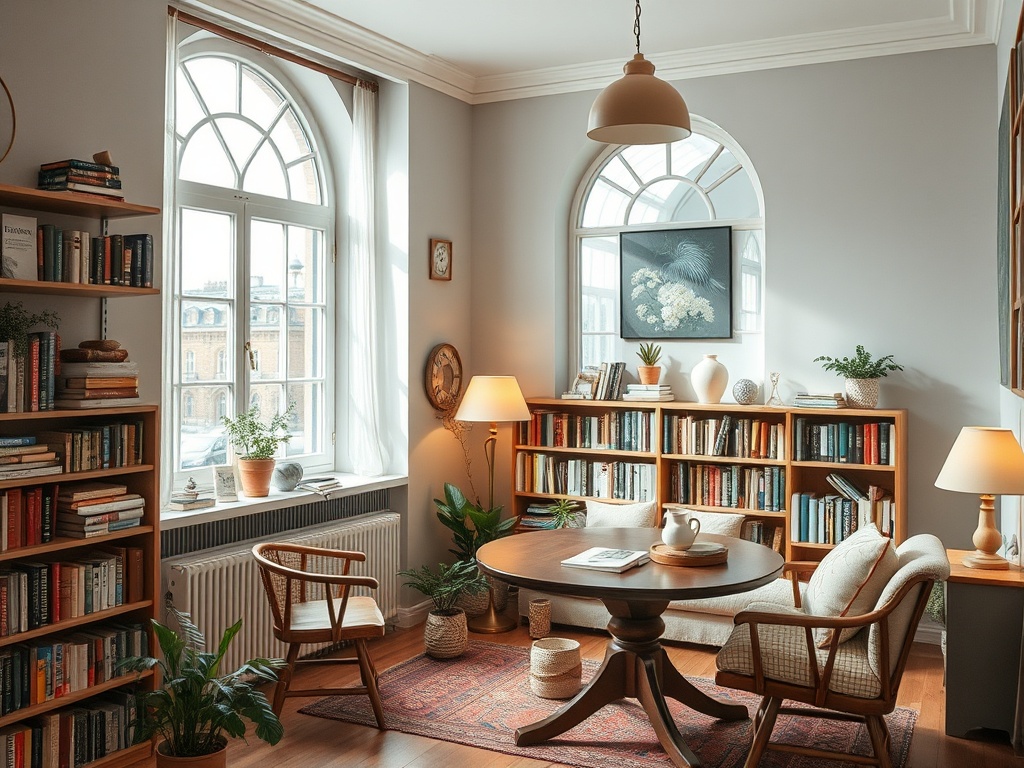 Уютный уголок с книжной полкой, столом и креслами у окна, наполненный растениями и теплым светом.