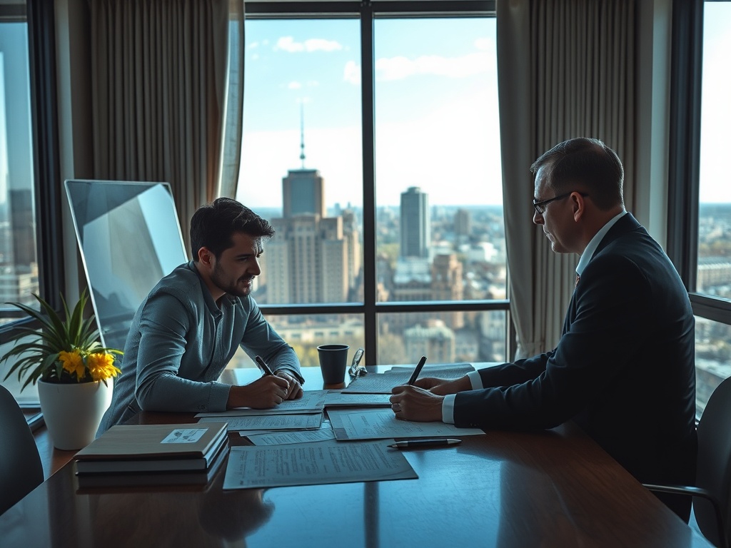 Два человека в офисе обсуждают документы с видом на город через большое окно.