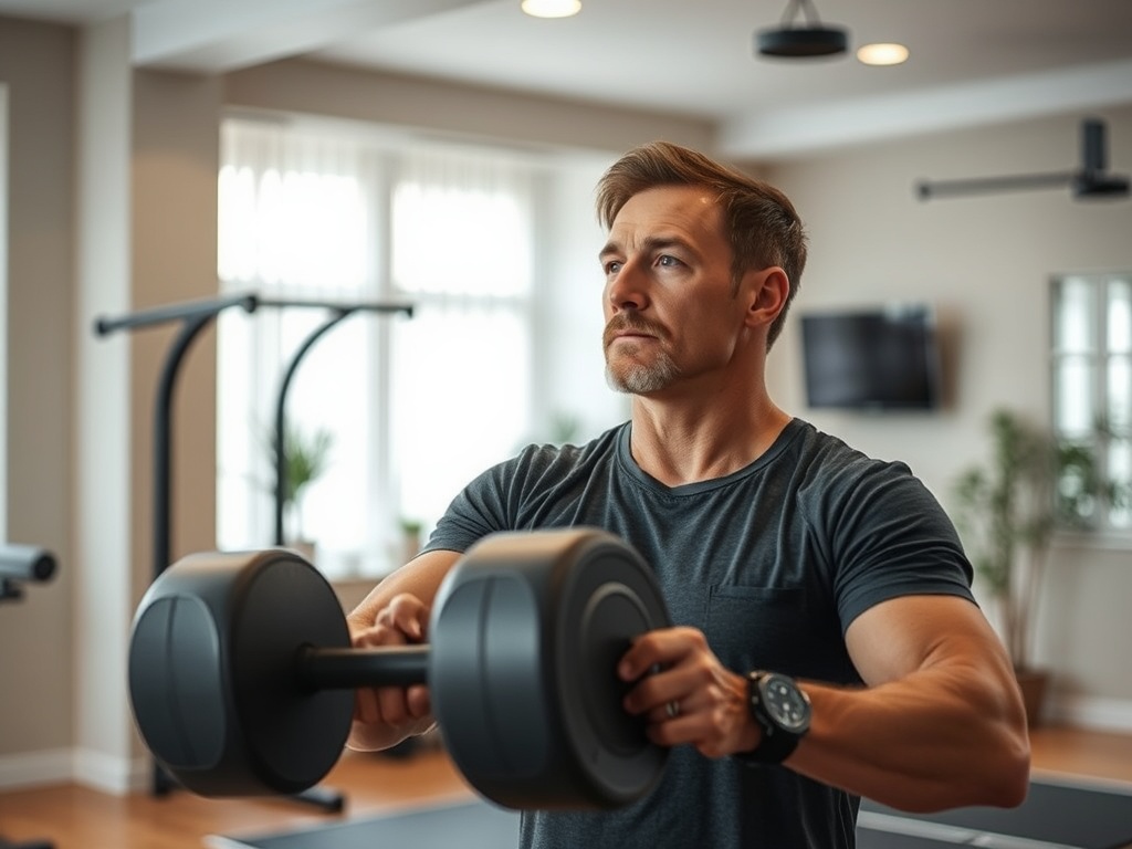 Мужчина с гантелями в спортивном зале, сосредоточен на тренировке. Атмосфера фитнеса и силы.