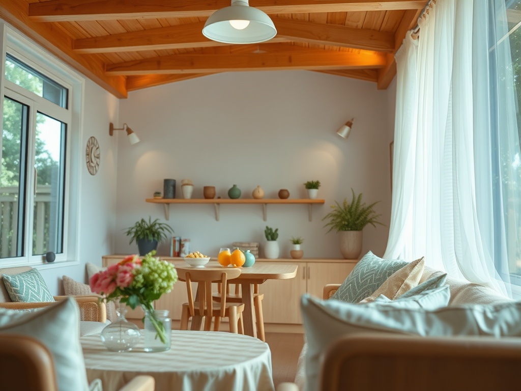 Светлая комната с деревянным потолком, растениями и столом, на котором стоят фрукты и цветы.