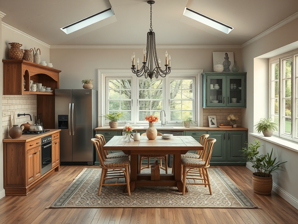 Современная кухня с деревянной мебелью, столом и стульями, больших окнах и зелеными растениями.