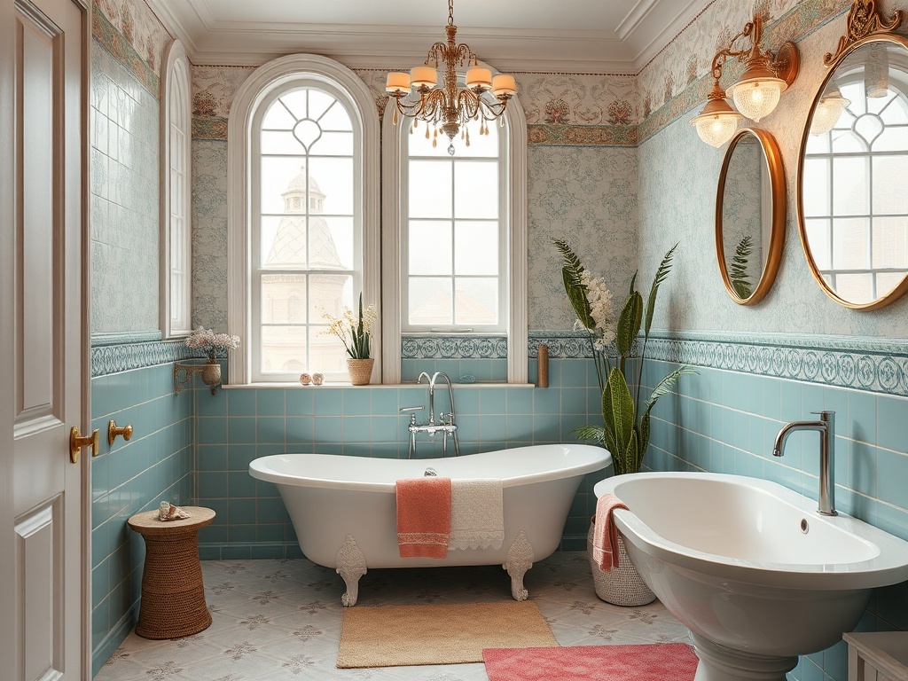 Ванная комната с ванной в стиле ретро, голубыми плитками и большими окнами. Уютная и светлая обстановка.
