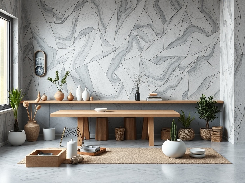 Современный интерьер с деревянным столом, растениями и декоративными вазами на фоне геометрической стены.