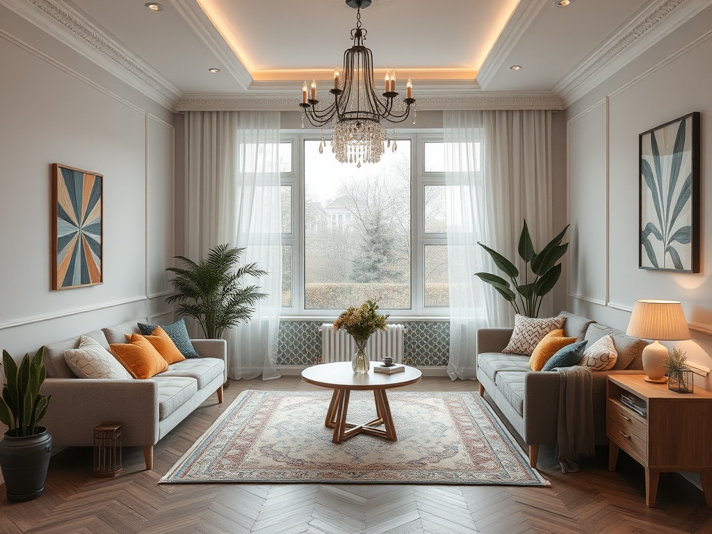 Светлая гостиная с уютной мебелью, растениями и большим окном, пропускающим натуральный свет.