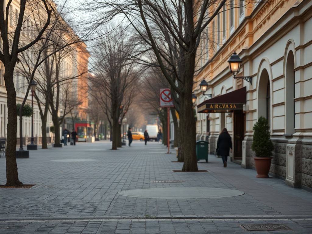 Пешеходная улица с деревьями, зданиями и несколькими прохожими в тихом городском пейзаже.