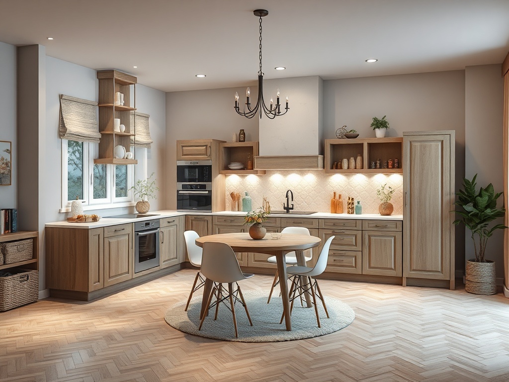 Современная кухня с деревянными шкафами, круглым столом и монохромным освещением. Уютная атмосфера.