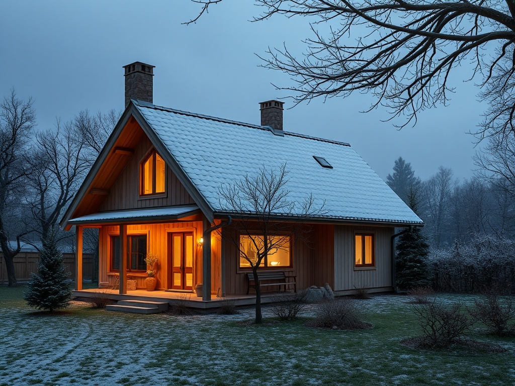 Зимний вечер. Уютный деревянный дом с горящими окнами на фоне снежного двора и серого неба.