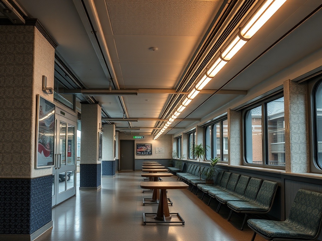 Длинный коридор с сиденьями и столами, освещённый длинными светильниками. Окна выходят на улицу.