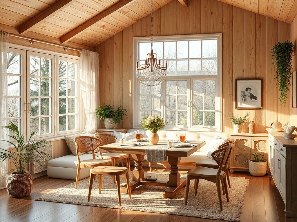 Светлая комната с деревянными стенами, столом, стульями и большими окнами. На столе напитки и декор.