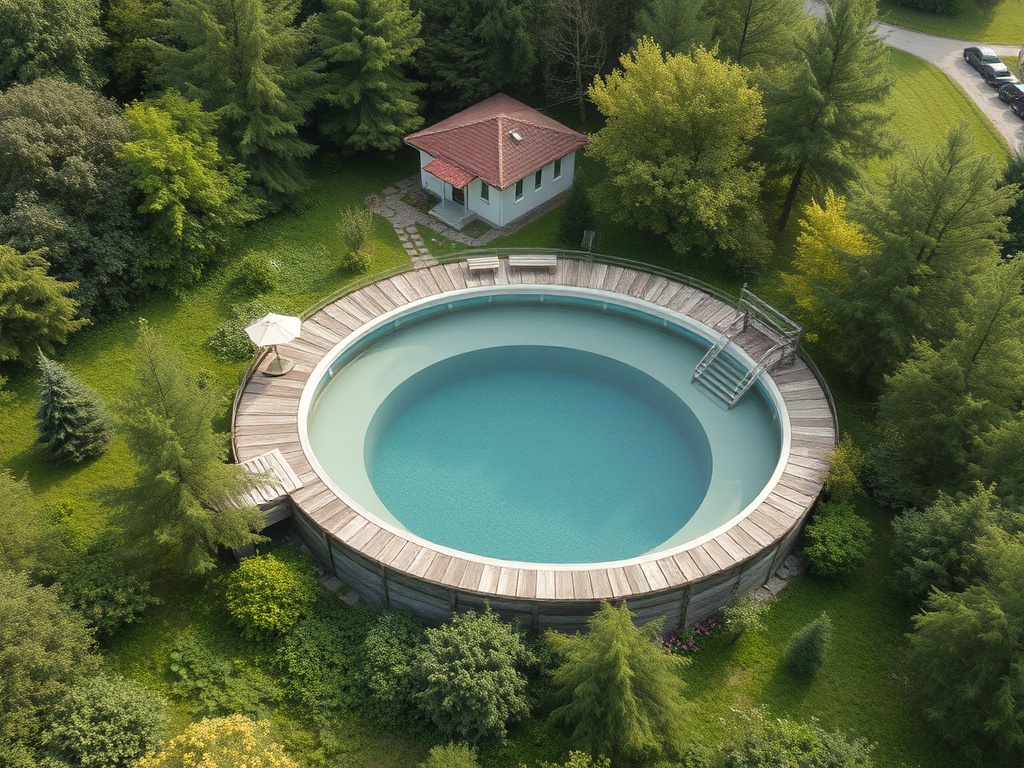 Круглый бассейн на природе, окруженный зелеными деревьями и домиком с красной крышей.