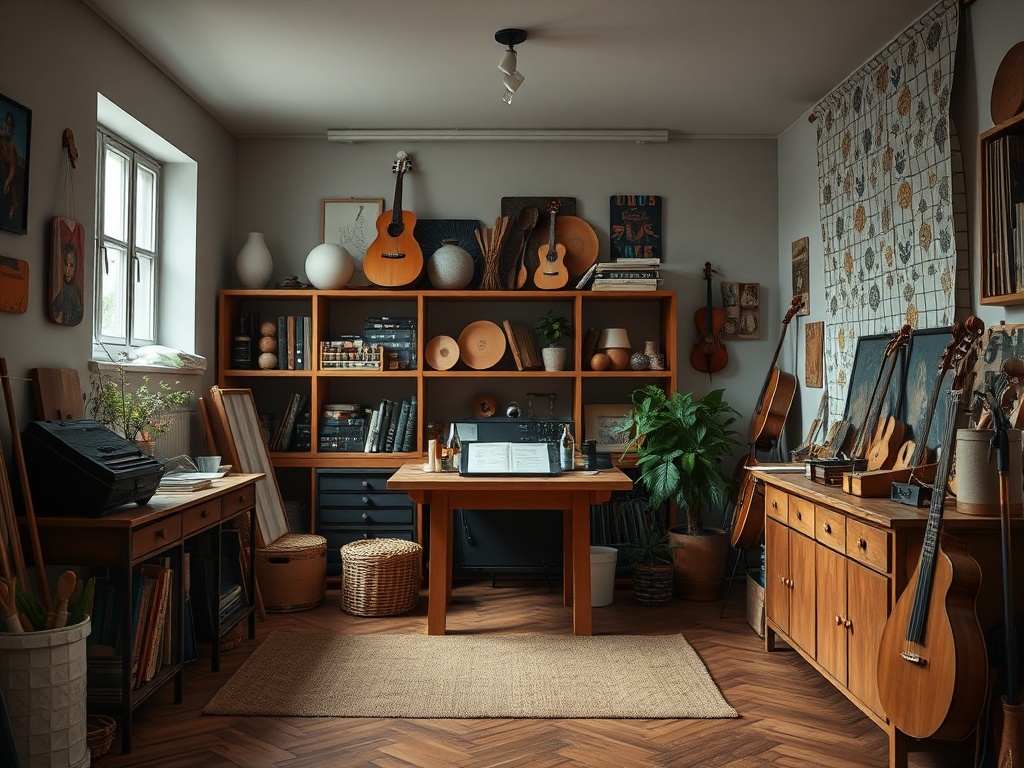 Уютный кабинет с деревянной мебелью, книгами и музыкальными инструментами, наполненный атмосферой творчества.