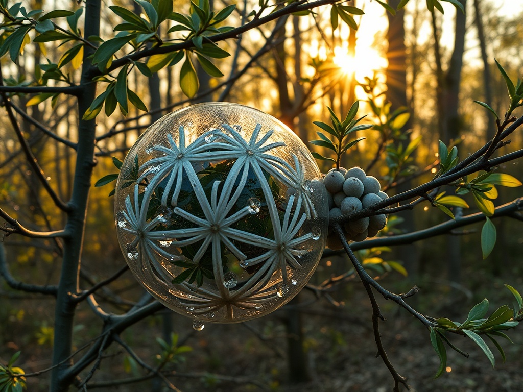 На ветке дерева расположено прозрачное искусственное растение с каплями воды на фоне восходящего солнца.