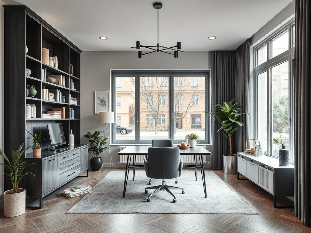 Современный офис с светлыми стенами, зелеными растениями и стильной мебелью, большой окном и уютной атмосферой.