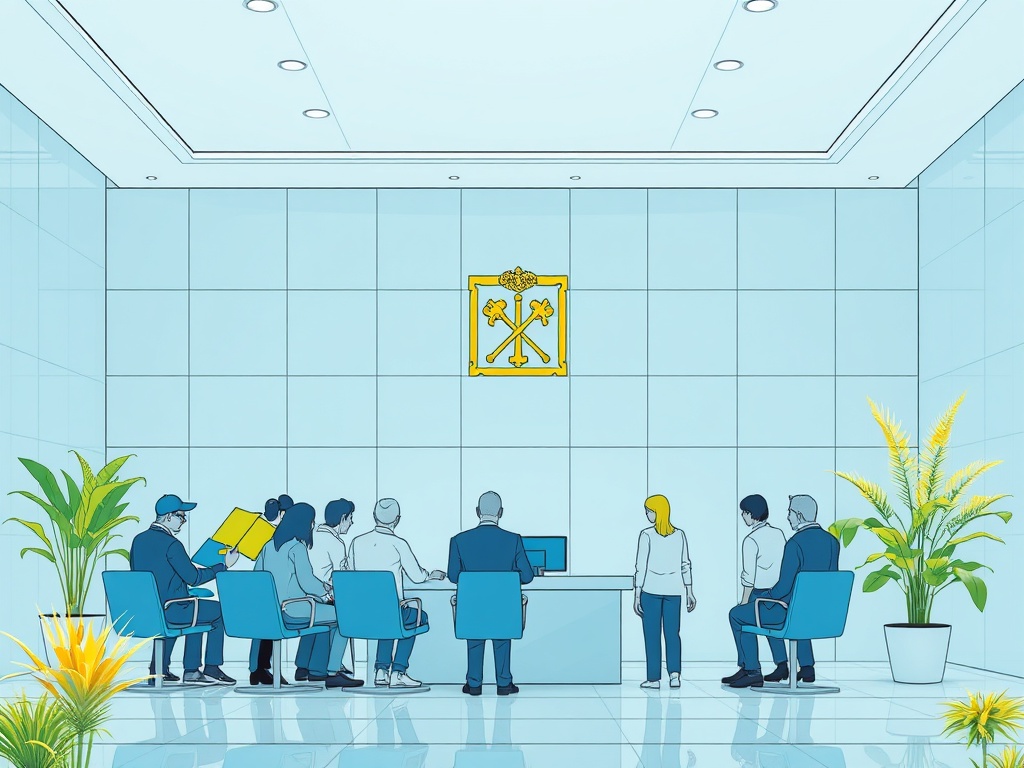 В зале ожидания собрались люди, ожидая начала судебного заседания, оформленного в современном стиле.