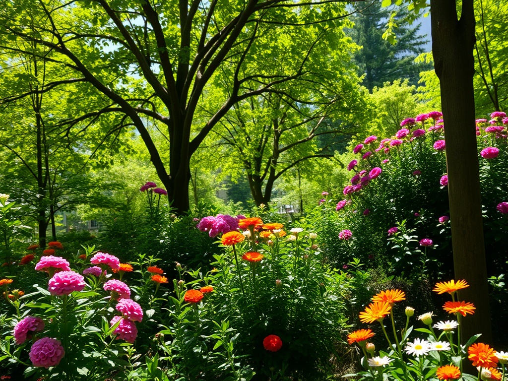 Цветущий сад с яркими розовыми, оранжевыми и белыми цветами на фоне зелёных деревьев. Солнечный день.