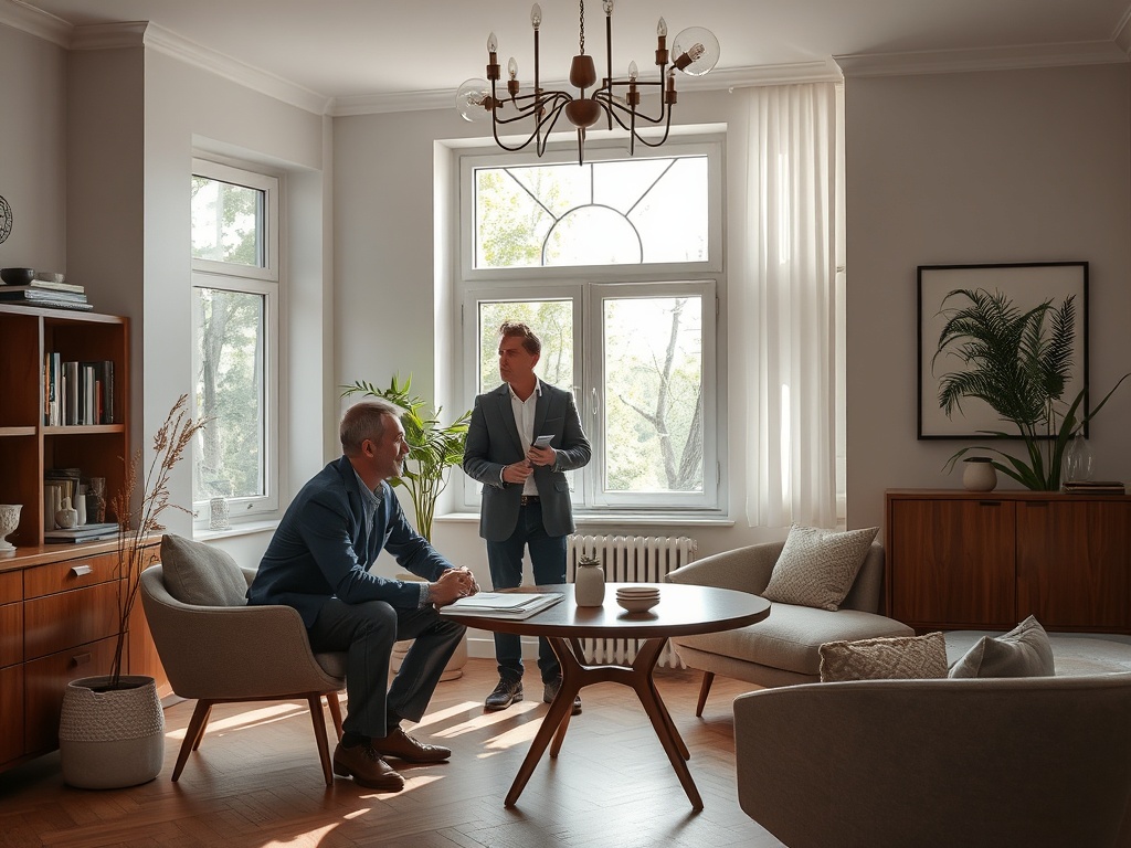 Два мужчины в стильном кабинете, один сидит за столом, другой стоит рядом с телефоном. Солнечный свет проникает через окна.
