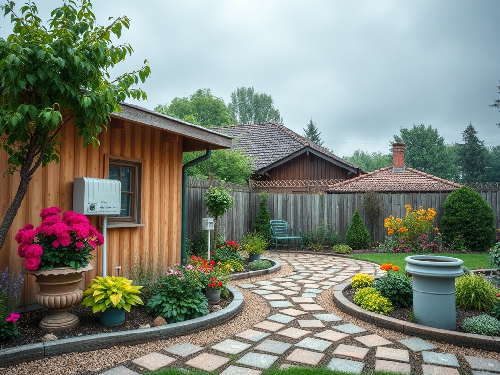 Сад с яркими цветами, вымощенной дорожкой и деревянным домом на фоне облачного неба.