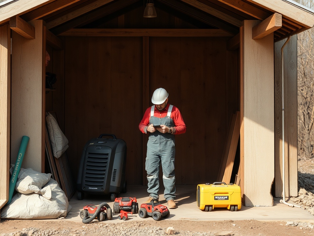 Рабочий в каске стоит у входа в сарай, рядом инструменты и оборудование. Смотрит на устройство в руках.