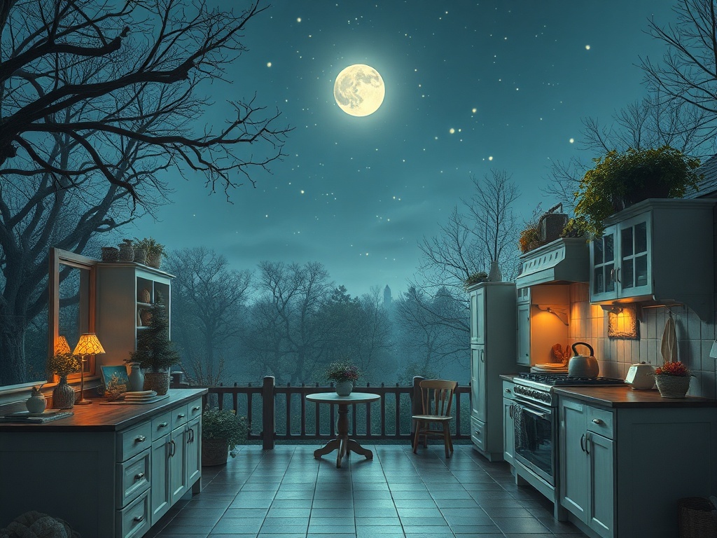 Уютная кухня при свете полной луны, деревья за окном и романтичная атмосфера ночи.