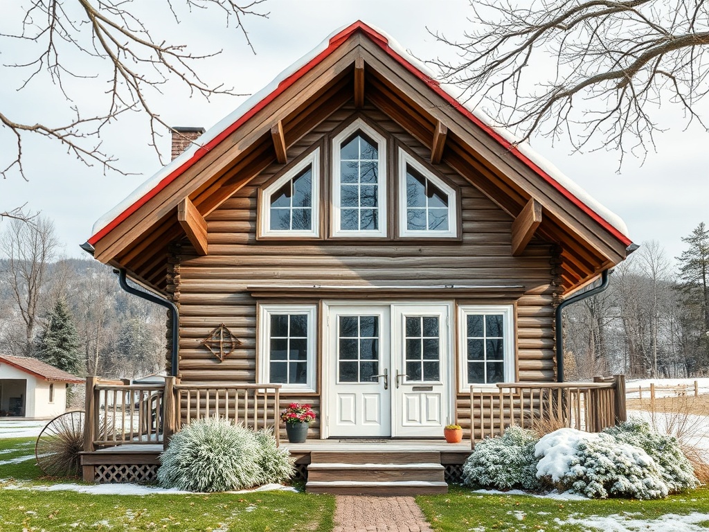 Деревянный дом с красной крышей, террасой и растениями перед ним, окружённый снежным пейзажем.