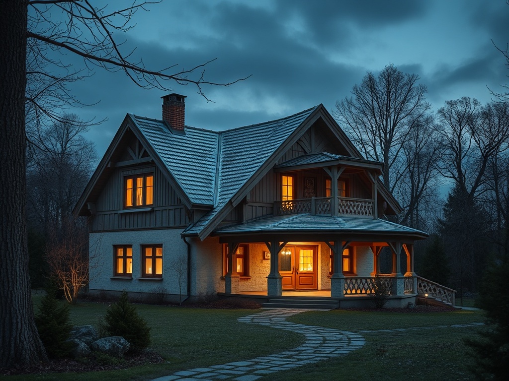 Загадочный дом в лесу, освещенный теплым светом, окруженный темными деревьями в ночное время.