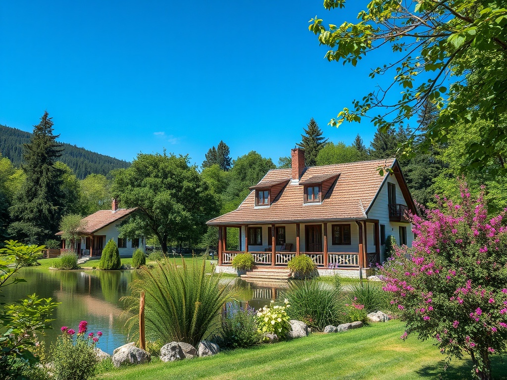 Уютный дом у пруда, окруженный зеленью и цветами, в живописной природе с ясным небом.