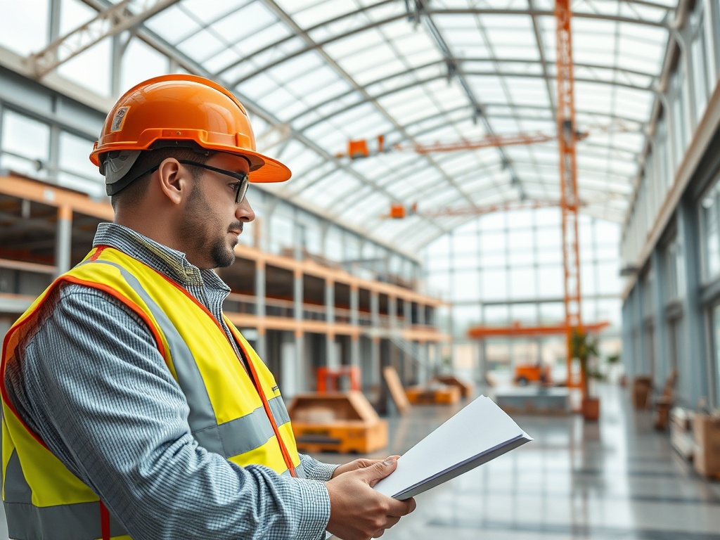 Рабочий в безопасной каске и жилете осматривает строительный объект с документами в руках.