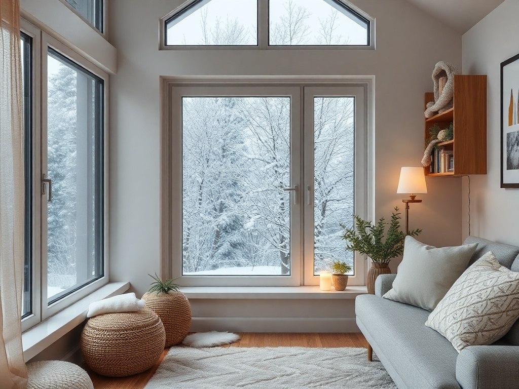 Уютная комната с большими окнами, через которые видно зимний пейзаж с деревьями в снегу.