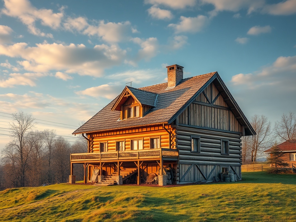 Деревянный дом на фоне облачного неба, окружённый зелёной травой и деревьями в лучах заката.